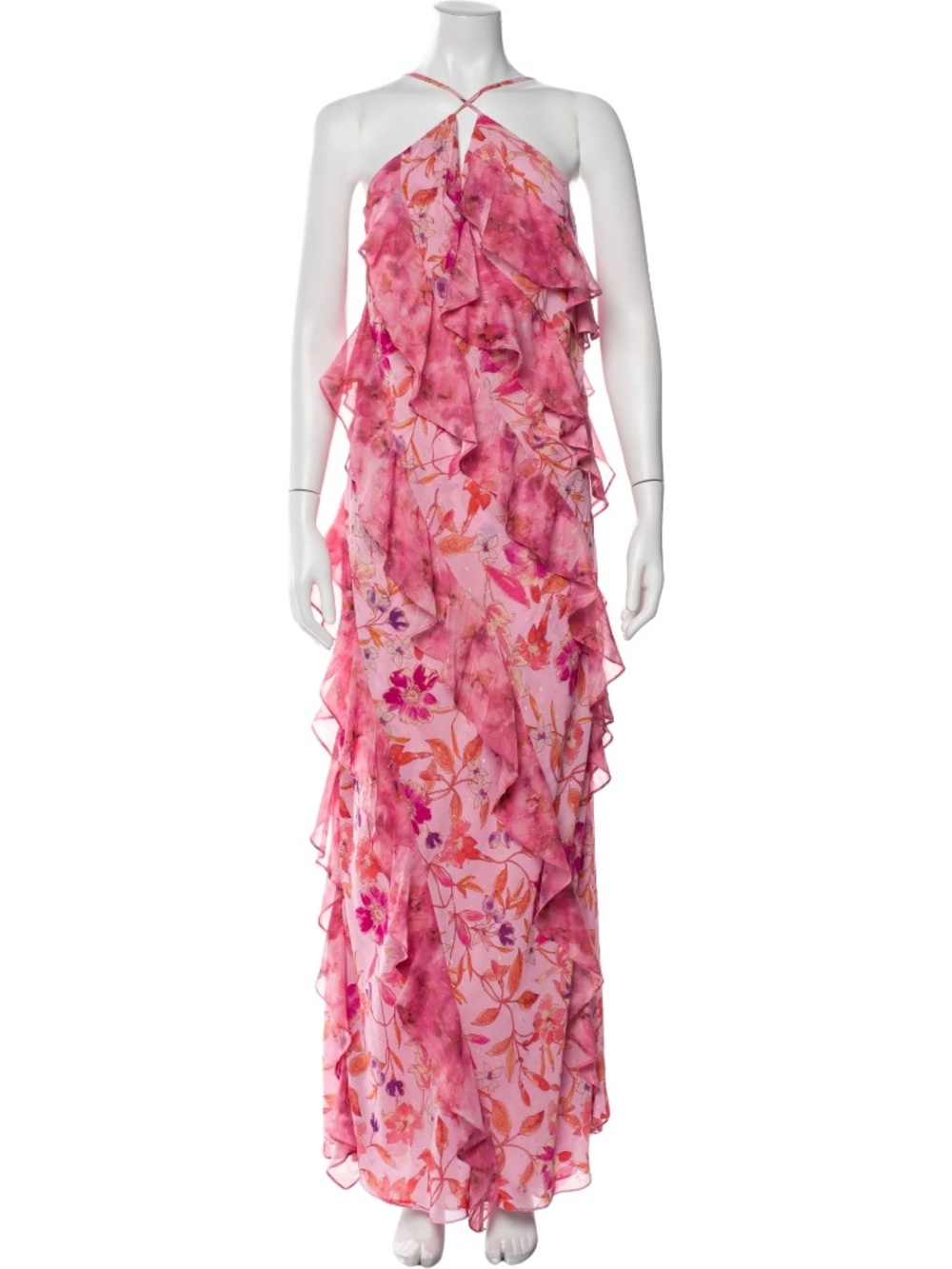 Misa Los Angeles - Floral Print Long Dress - Metallic and Pink - Size L